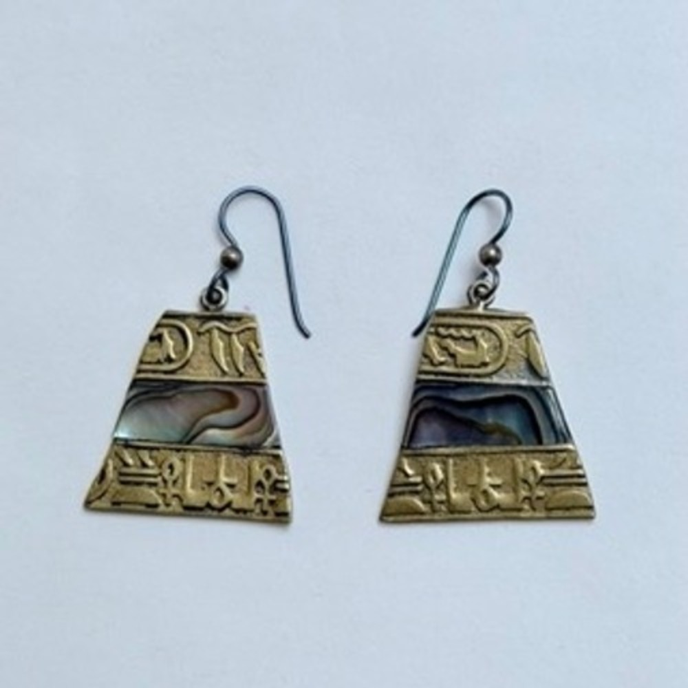 Egyptian Hieroglyphic Abalone Shell Inlay Trapezoid Drop Earrings Gold Tone